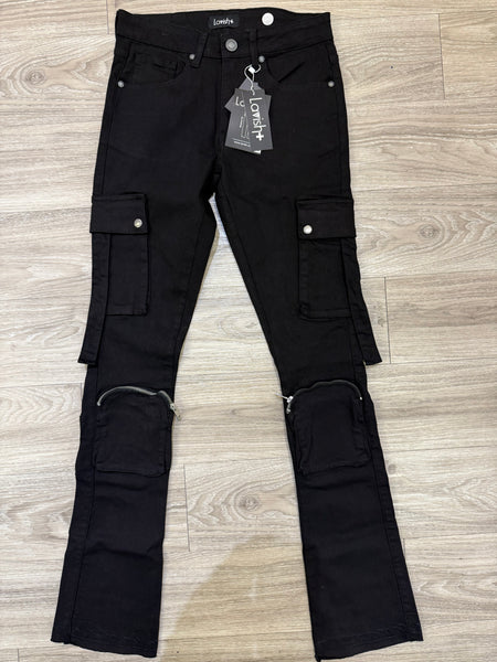 Lavish CARGO FLARE STACK DENIM (JET BLACK)