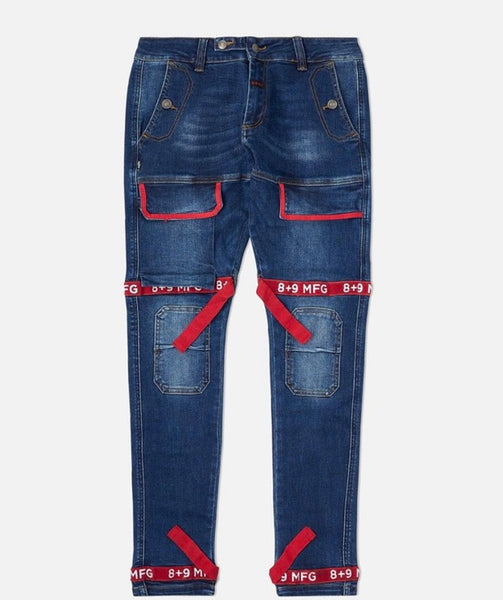 Strapped Up Dark Washed Jeans Red Straps (PSTADARED)